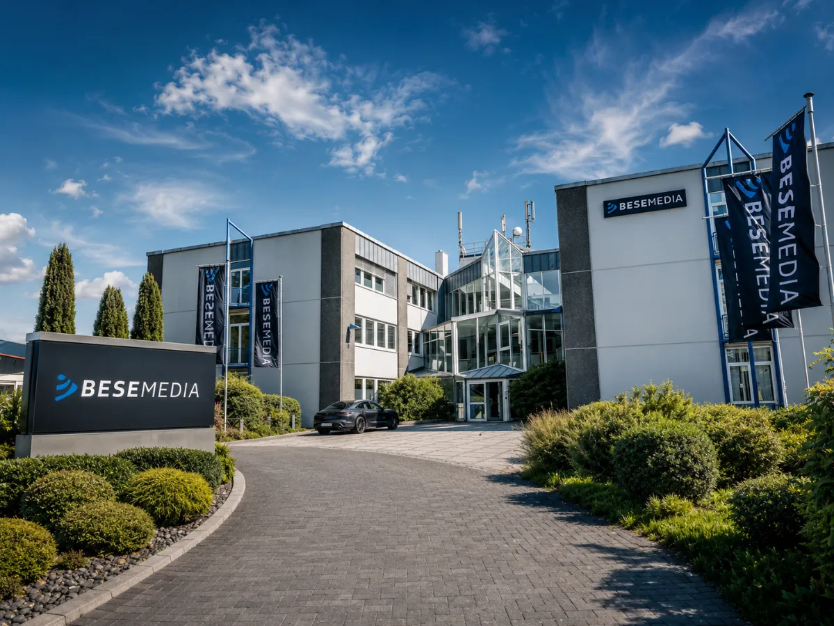 Bürogebäude der Bese Media GmbH in Wiehl mit Firmenschild und Flaggen