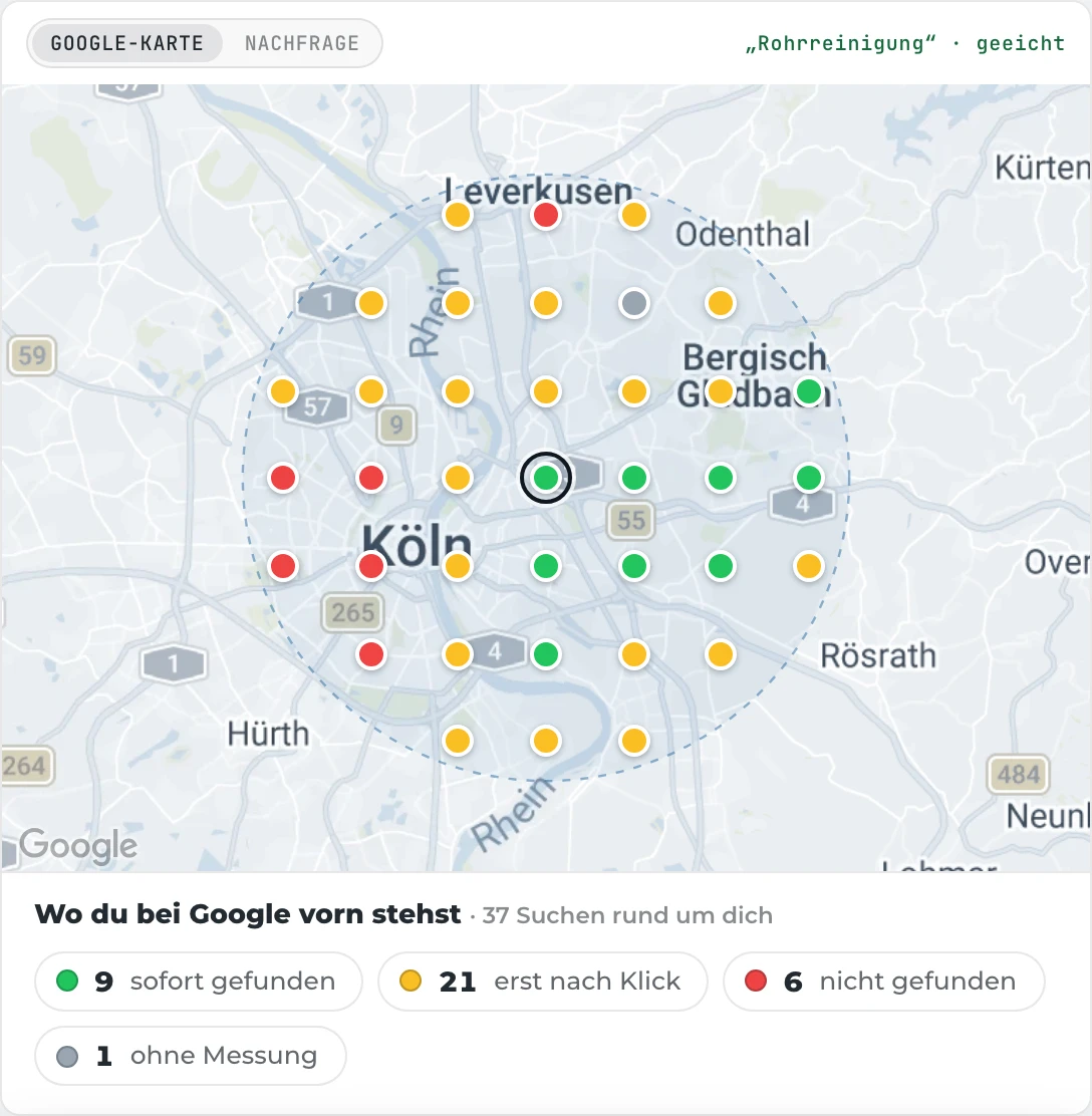Google-Karte im Potenzial-Check: An 37 Punkten rund um dich gemessen, ob Kunden dich bei Google sofort finden, erst nach einem Klick oder gar nicht.