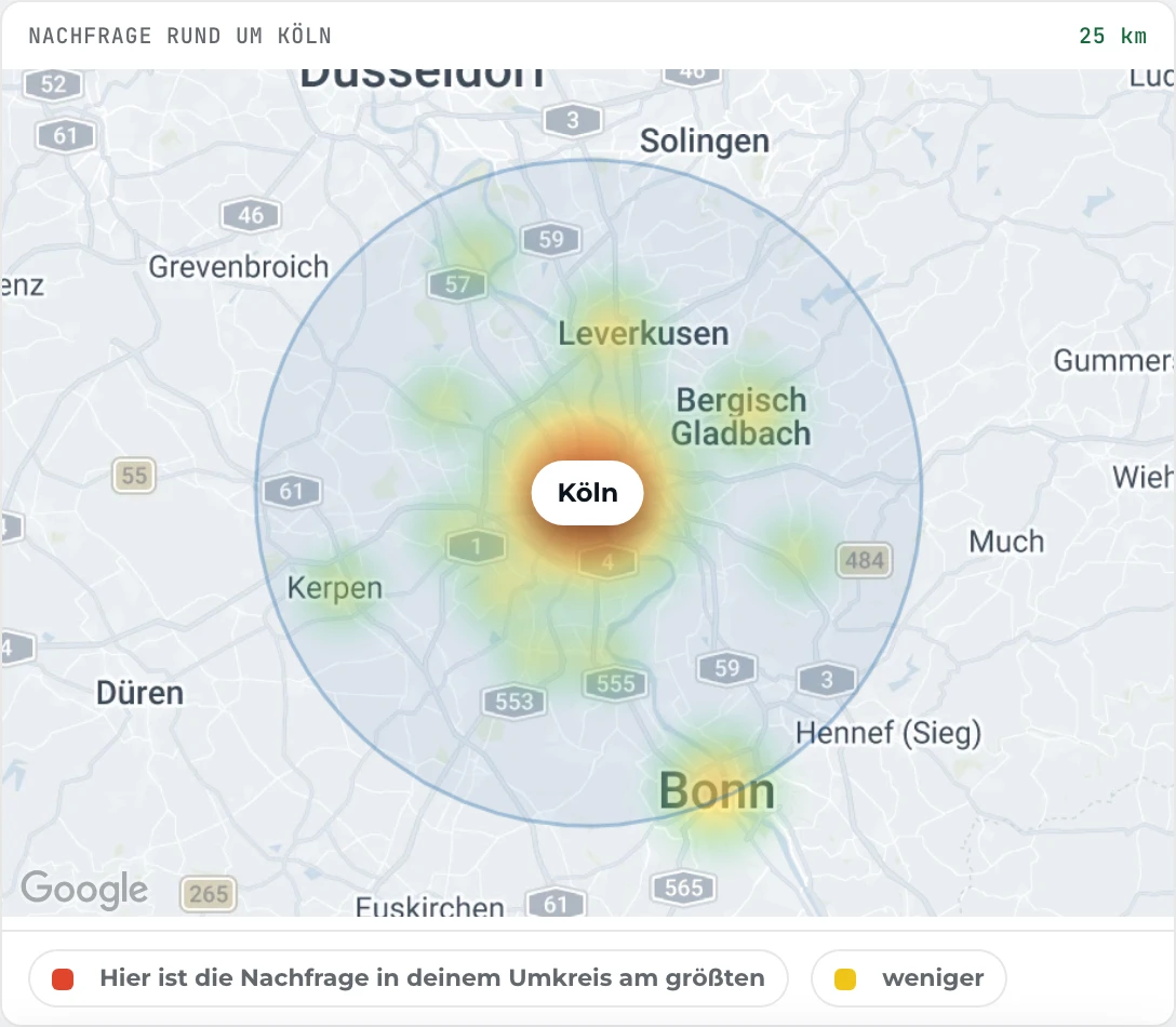 Nachfrage im Potenzial-Check: Wo in deinem Umkreis am meisten nach deinen Leistungen gesucht wird.