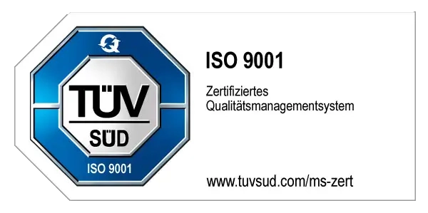 TÜV SÜD Prüfzeichen: ISO 9001:2015, zertifiziertes Qualitätsmanagementsystem der Bese Media GmbH