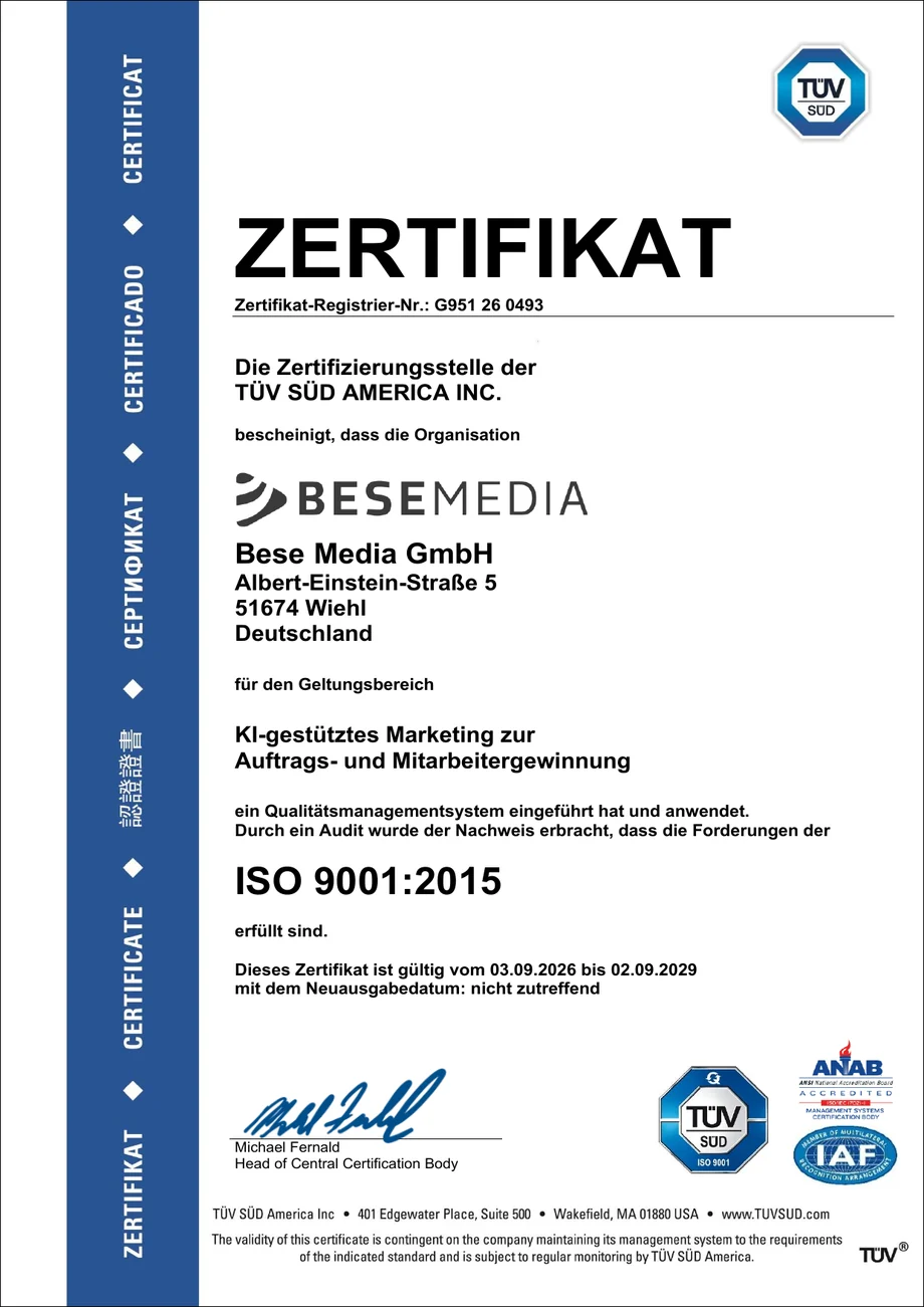 Die Zertifikatsurkunde des TÜV SÜD für die Bese Media GmbH, Registrier-Nr. G951 26 0493